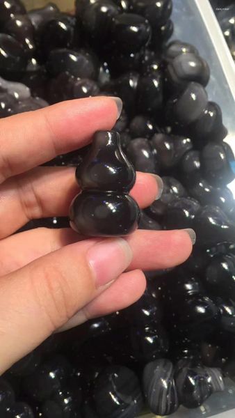 Cadenas al por mayor genuino natural negro obsidiana gemas piedra mujeres collar de calabaza ajustable 32 22 mm