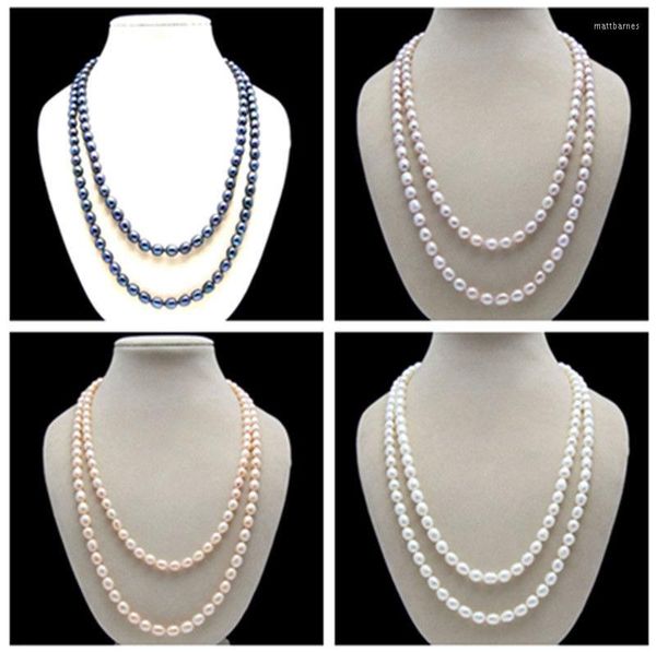 Chaînes en gros naturel blanc rose violet noir 7-8mm riz collier de perles d'eau douce 50'Pick une longue chaîne de chandail