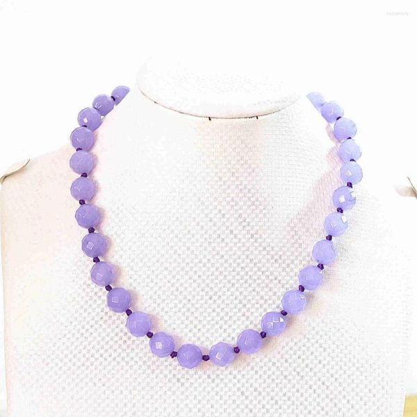 Chaînes prix de gros breloques femmes pierre violette calcédoine jades 12mm collier rond à facettes perles 18 