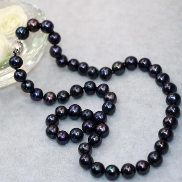 Chaînes prix de gros élégant 9-10mm naturel perle noire de culture d'eau douce environ perles rondes collier femmes bijoux B18inch B3021