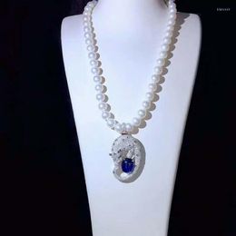 Cadenas de joyería de moda para mujer, accesorios de guepardos de circonita con microincrustaciones, collar con colgante de perlas de agua dulce blancas de 8-9mm