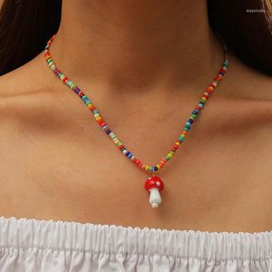 Ketens dames handgemaakte schattige champignon hanger ketting voor vrouwelijke bohemia zomer kleurrijke kralen kraag sleutelbeen choker sieraden