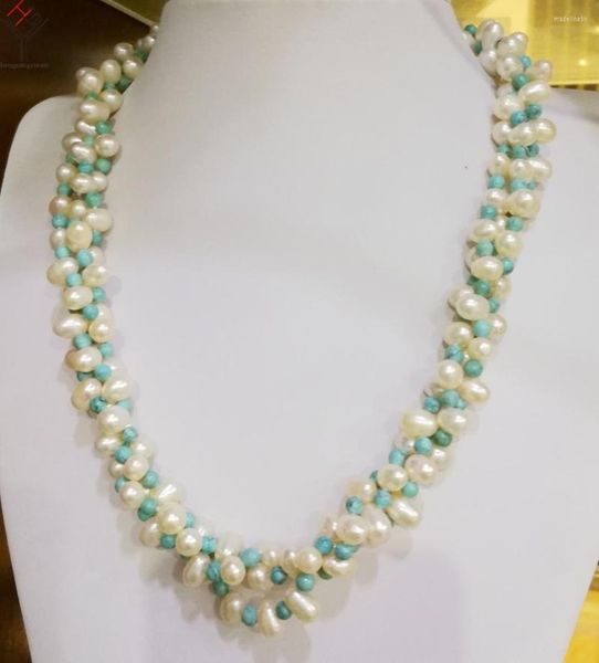 Chaines Femmes bijoux 3 rangées Collier blanc ovale perle bleu clair Blee mélangée à la main