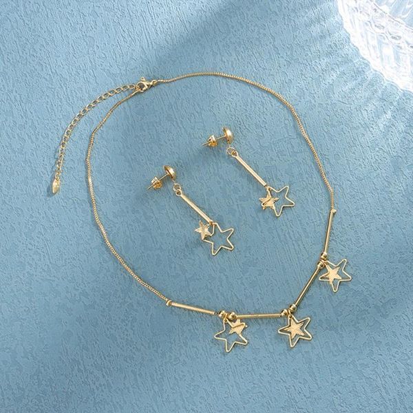 Cadenas Mujeres Collar pequeño Pendientes de pentagrama 2 piezas Conjunto Famale Gold Filled Star Kpop Tiny For GirlsChains Heal22