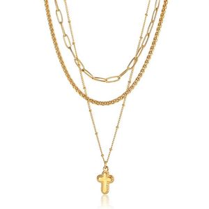 Chaînes Femmes Collier Pile Ensemble Couches Or Couleur En Acier Inoxydable Trombone Blé Satellite Lien Chaîne 3 pcs Minuscule Croix Charme LDN2251h