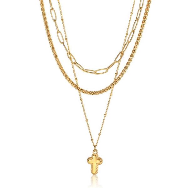 Chaînes Femmes Collier Stack Set Couches Or Couleur En Acier Inoxydable Trombone Blé Satellite Lien Chaîne 3pcs Minuscule Croix Charme LDN2272K