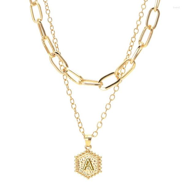 Cadenas Moda para mujer 26 letras Collar doble Colgante hexagonal Cadena de clavícula en capas para mujeres