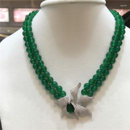 Cadenas Moda para mujer Natural 2 filas Piedra verde Micro Inlay Zircon Cierre Collar Joyería