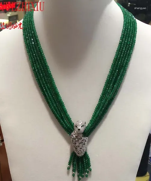 Chaînes Fine bijoux de la tête de la tête de léopard Accessoire 2 collier de jade vert 4 mm Tassel 17-20 pouces