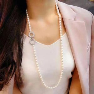 Chaînes Bijoux pour femmes 8-9mm 80cm Micro Incrusté Zircon Accessoires Collier de perles d'eau douce de riz blanc