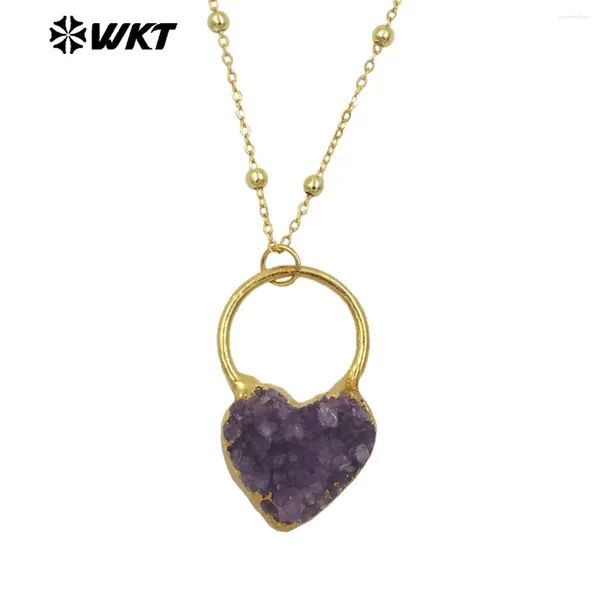 Cadenas WT-N1472 Refinar y de moda Natural Druzy Cuarzo Amatista Único Forma de corazón Colgante 18K Cuentas de oro para collar de niñas