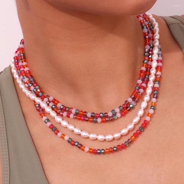 Chaînes Y2K Perles acryliques de couleur bonbon Perle d'eau douce Double couches Collier en acier inoxydable imperméable plaqué or 18 carats pour femmes