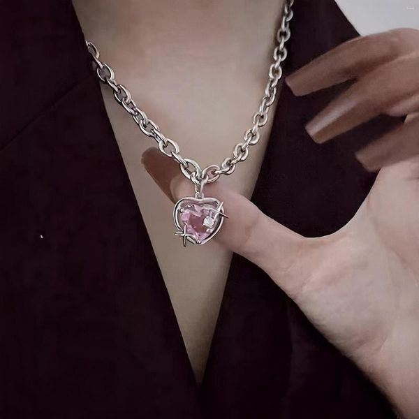 Chaînes Y2K Rose Diamant Coeur Pendentif Collier Pour Femmes Amoureux Clavicule Chaîne Chocker Femelle Pêche Galaxy Bijoux Cadeaux