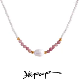 Kettingen Yhpup Natuurlijke Rhodochrosiet Steen Imitatie Parels Handgemaakte Kralen Ketting Vrouwen Roestvrij Staal Stijlvolle Chic Sieraden Waterdicht