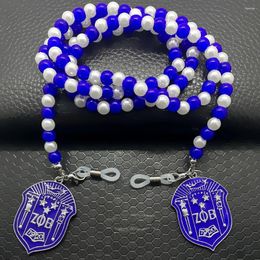 Chaines Zeta Phi Beta Beta Greek Sorority Society Blue Enamel Letter Badge Metal Pendant Perle Collier Lunets Masque Chaîne