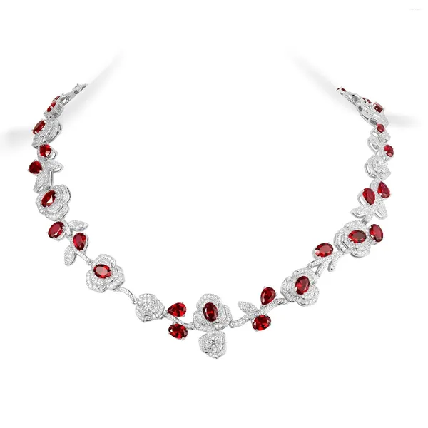 Chaines Zoca 925 Siltret Valentin's Bijoux Gift Rose Fleur Rose Beau Collier de charme pour femmes Ruby Magical Cz Liens