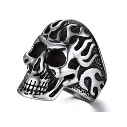 Chainspro Retro Style en acier inoxydable 3D Fire de feu en relief Squelette Skeleton Skull pour homme Tailles 7-14 Bijoux punk gothiques 240424