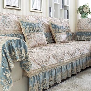 Housses de chaise 1 pièces (pas un ensemble complet) bleu clair européen canapé siège salon combinaison dentelle tissu antidérapant Royal housse de manche