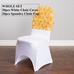 Couvre-chaise 20pcs Couverture en spandex blanc avec une casquette de rosette en satin pour le banquet de mariage Décoration de l'événement