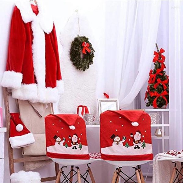 Cubiertas para sillas 4PCS Kit de fundas de comedor Santa-Claus Muñeco de nieve-Sombrero rojo Espalda de Navidad
