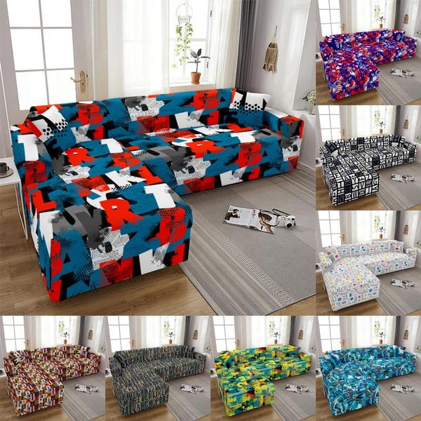Cubiertas de silla Sofá elástico con letras abstractas para sala de estar Completamente envuelto L Funda de esquina Funda de sofá seccional Conjunto