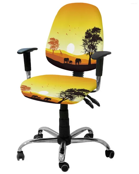 Couvre-chaise African Sunset Landscape Elephant Giraffe Silhouette Elastic Coupchair Couverture amovible Office Office Scecover