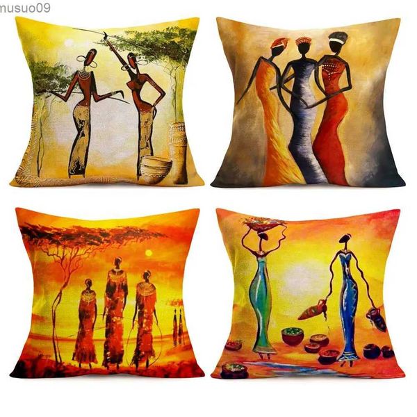 Fundas para sillas Mujeres tribales africanas Pintura al óleo Funda de almohada de lino 60 * 60 Funda de cojín para sofá 40 * 40 Decoración del hogar Funda de almohada para automóvil personalizable