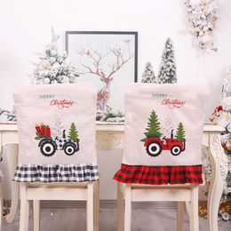 Fundas para sillas Volver Carta de Navidad Camión con árbol Bordado Volantes A cuadros Hem Slip Cover Año Decoraciones Regalos de Navidad