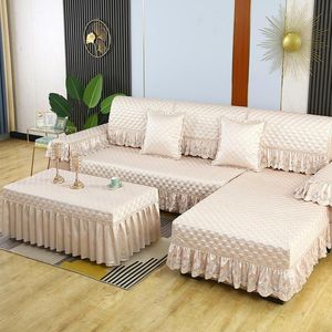 Housses De Chaise Beige De Luxe Housse De Canapé De Mode Diamant Broderie Dentelle Serviette Housse Coussin Antidérapant Un Ensemble Complet De Salon 12Chaise