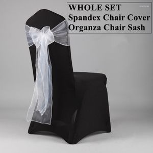 Couvertures de chaise Couverture de banquet en spandex blanc noir avec nœud de ceinture en organza pour la décoration d'événement de mariage