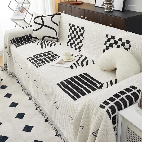 Cubiertas de silla Cubierta de sofá de líneas cuadradas blancas y negras para sala de estar Sofá de terciopelo de invierno Protector de doble cara Manta