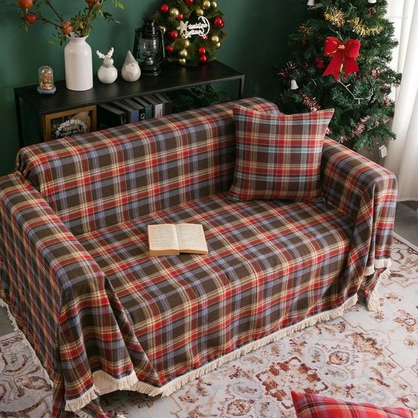 Housses de chaise de noël, décoration de canapé, serviette, Vintage, rouge, vert, Plaid, multifonctionnel, pompon, coussin d'assise 3 places