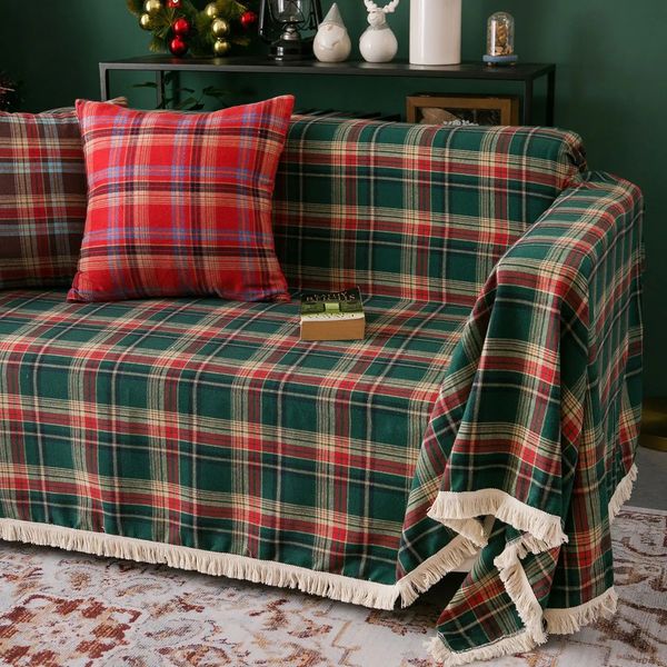 Cubiertas de silla Decorar Navidad Sofá Cubierta Toalla Vintage Rojo Verde Plaid Multifuncional Borla 3 Plazas Cojín para sentarse 231130