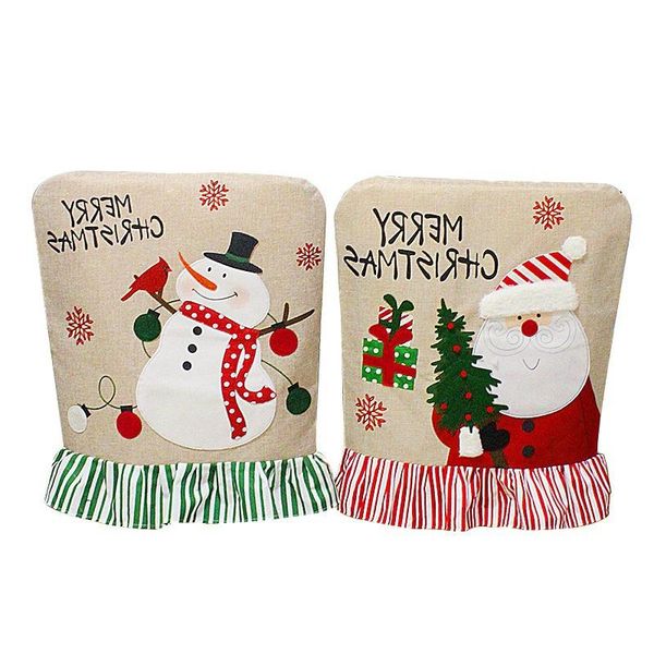 Cubiertas de silla Bordado de Navidad Viejo Muñeco de nieve Conjuntos de taburetes de encaje de lino Conjunto de cojín trasero Decoración Silla