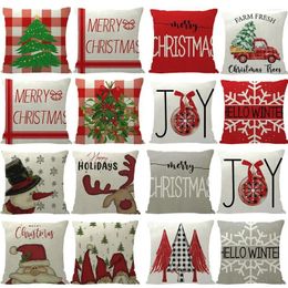 Fundas para sillas Juego de almohadas navideñas Impreso Merry Tree Cojín Santa Claus 45x45 cm Funda de almohada de lino