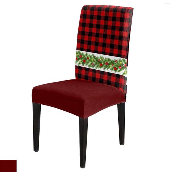 Cubiertas para sillas Ramas de pino de Navidad Flor Cubierta a cuadros roja Comedor Spandex Asiento elástico Decoración de oficina en casa Conjunto de fundas de escritorio