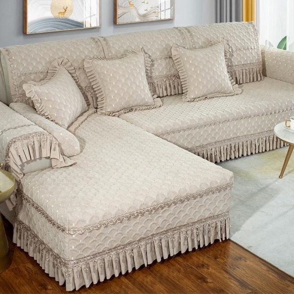 Ensemble complet de housses de chaise, ensemble complet de canapé de luxe en Chenille Beige, housse de serviette douce et confortable, Kit de combinaison de dossier de coussin antidérapant