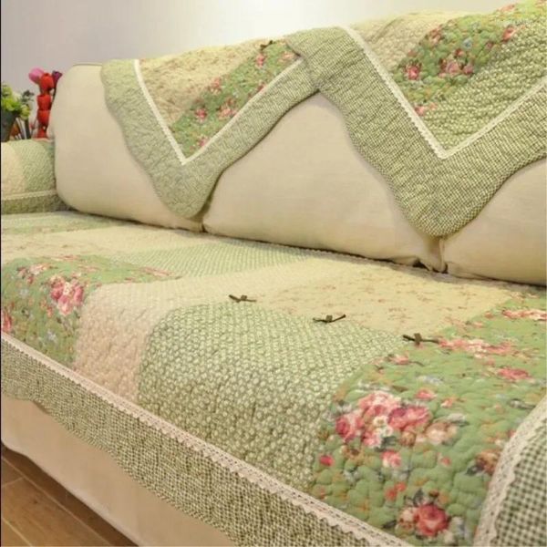 Housses de chaise, motif Floral vert, tissu à carreaux en coton délavé, serviette d'angle, coussin de siège, housse inclinable