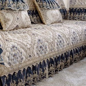 Stoelbedekkingen High-end luxe banksets bedekken blauwe jacquard kanten slipcovers katoenen linnen sectionele bank handdoek