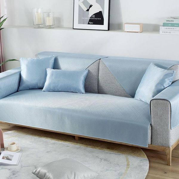 Housses de chaise canapé en soie glacée pour été bleu serviette antidérapante protecteur d'angle en forme de L housses de siège unies fraîches