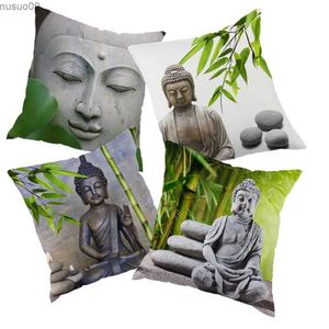 Housses de chaise statue de Bouddha indien sculpture sur pierre Sakyamuni taie d'oreiller en lin housse de coussin de canapé décoration de la maison peut être personnalisée pour vous 40x40