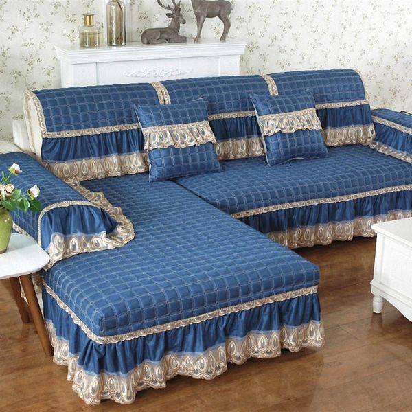 Housses de chaise de luxe bleu salon housse de canapé de haute qualité coton lin dentelle jupe meubles taie d'oreiller housse antidérapante