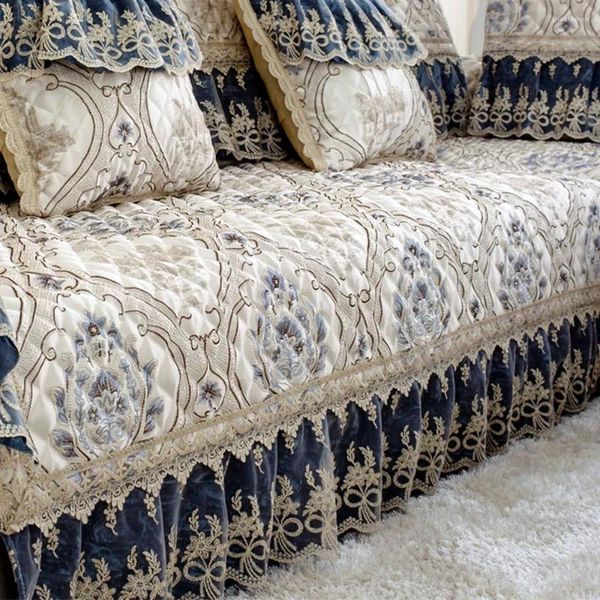 Housses de chaise de luxe Jacquard, housse de canapé en dentelle bleue, meubles de salon, housse de coussin antidérapante, serviette, taie d'oreiller C3