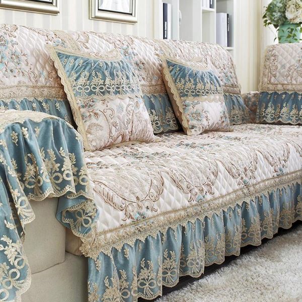 Housse de chaise en Jacquard de luxe, housse de canapé en dentelle bleu clair, pour meubles de salon, taie d'oreiller antidérapante