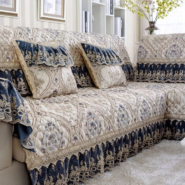 Housses de chaise Housse de canapé royale de luxe Housse en coton et lin Serviette Jacquard bleue Coussin antidérapant Dossier Taie d'oreiller Combinaison Kit C3