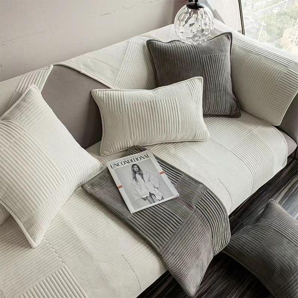 Fundas para sillas, cojín de sofá de felpa blanco cremoso nórdico, funda antideslizante gruesa de tela de invierno