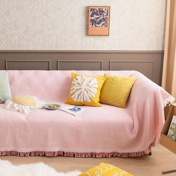 Housses de chaise Nordic Pink Tassel Sofa Cover Pour Live Room Plaid Coton Couverture Siège Meubles Matelas Fauteuils Dust Wall TapestryChair