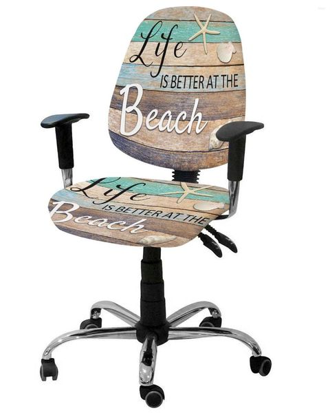 Couvre-chaise Ocean Beach Wood Grain Starfish Shell Bouchage Elastic Couvre d'ordinateurs