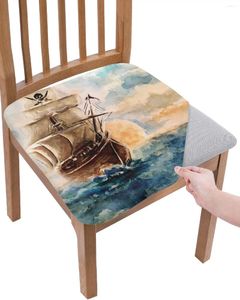 Chaise Couvre le style de peinture à l'huile Pirate Boat Silat Cushion Stretch Dining 2pcs Cover Cover Covers pour la maison El Banquet Salon