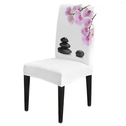 Housses de chaise orchidée pierre noire fleur rose ensemble de couverture blanche cuisine salle à manger housse de siège en spandex extensible pour banquet de mariage